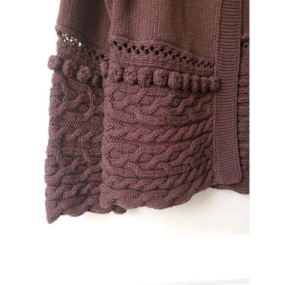 Women Brown Cardigan Sweater M Pom Pom Goblincore Neutral Academia Cottage Twee - Picture 2 of 11